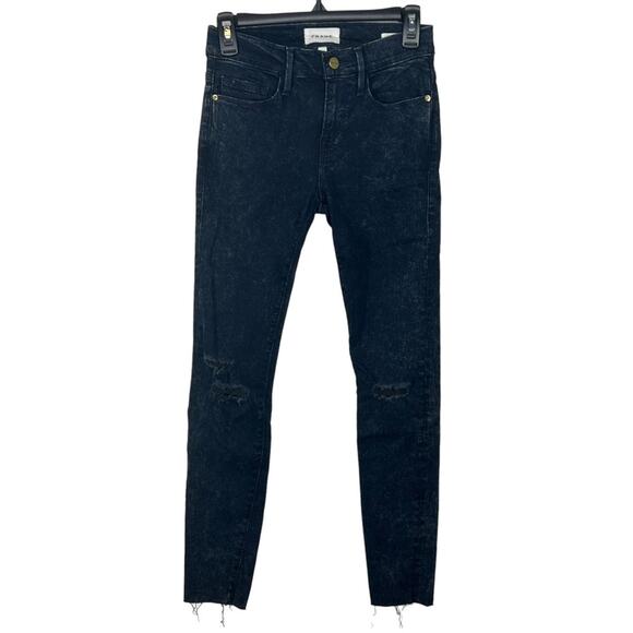 Frame Le Skinny de Jeanne Black Ripped Jeans Dean Rips Back Acid Stone Wash 26 - Picture 2 of 16